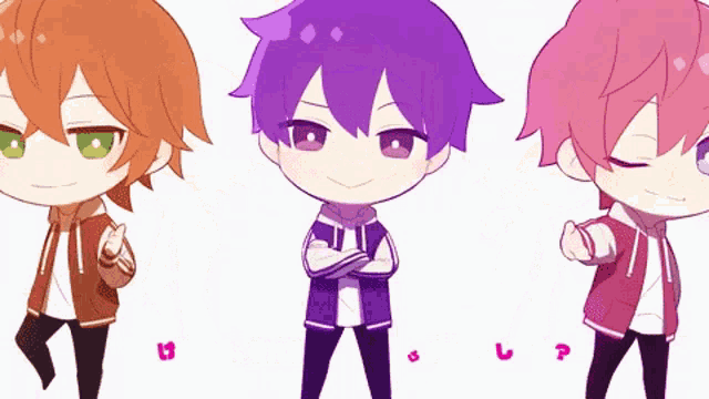 three anime characters are standing next to each other with a pink heart in the background and the words ' a ' on the bottom