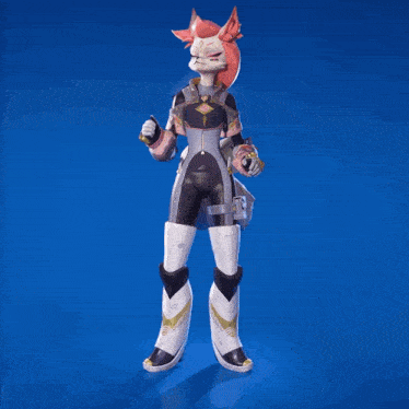a cartoon character with a fox head and a triangle on her chest is standing on a blue background