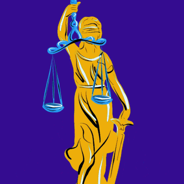 a statue of lady justice with the words " renew justice " below it