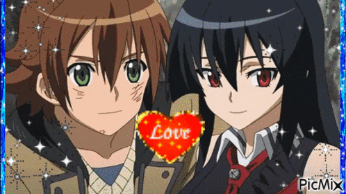 a couple of anime characters with a red heart that says love