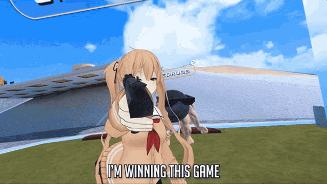 a cartoon character says i 'm winning this game in front of a sign that says drugs