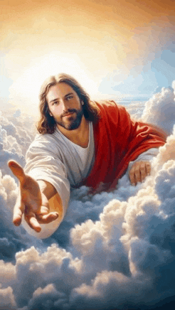a painting of jesus in the clouds reaching out