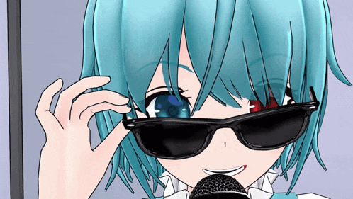 a blue haired anime girl wearing sunglasses and a microphone
