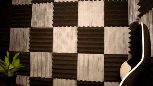a black and white checkered wall with a plant