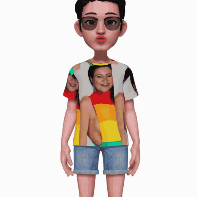 a cartoon character is wearing a rainbow colored shirt with a woman 's face on it