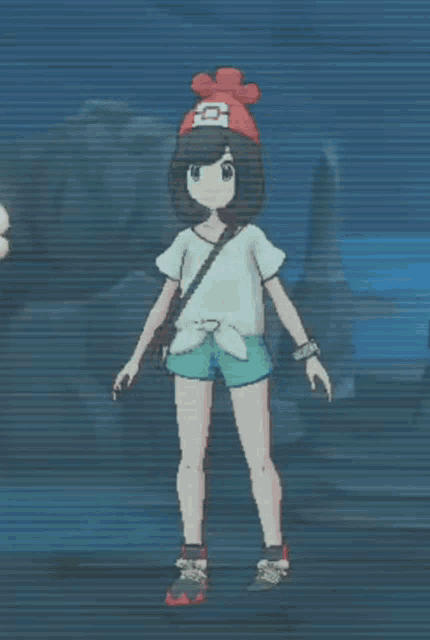 a girl in shorts and a white shirt is standing in front of a blue background ..