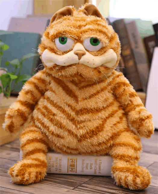 a stuffed cat sitting on top of a book that says ' a journey of a few thousand years ' on it