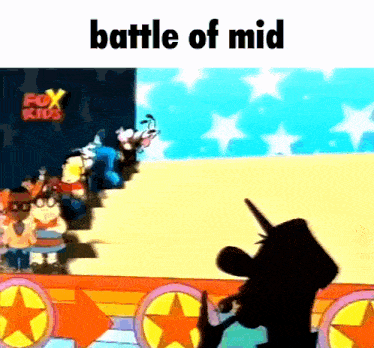 a cartoon character with a unicorn horn is standing in front of a group of fox kids characters .