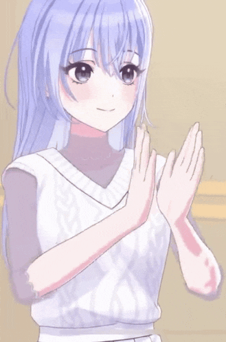 a girl with purple hair is wearing a white shirt