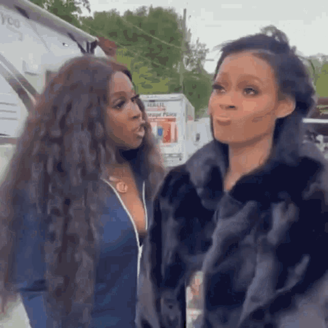 two women are standing next to each other in a fur coat and talking to each other .