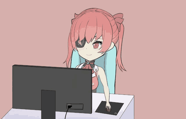 a cartoon of a girl with pink hair sitting in front of a computer monitor