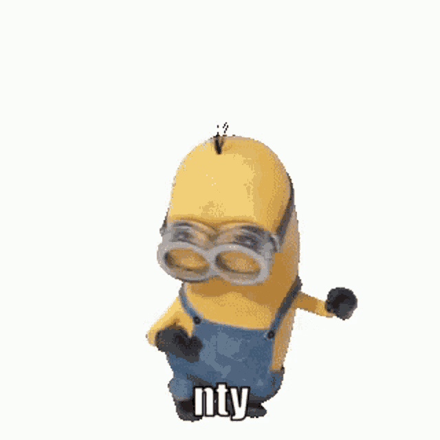 a minion wearing goggles and overalls is dancing with the word nty written on it .