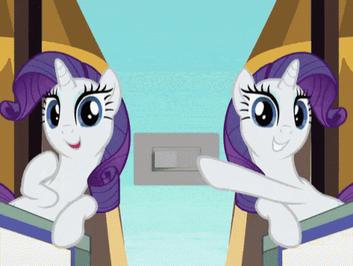 two ponies are standing next to each other with one pointing at a light switch