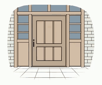 a cartoon drawing of a wooden door with a brick wall and a tiled floor .