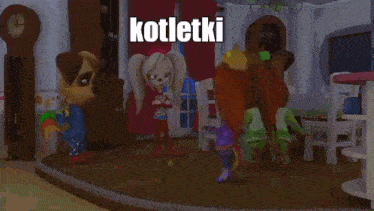 a group of cartoon characters are standing in a living room with the words kotletki written on the floor .