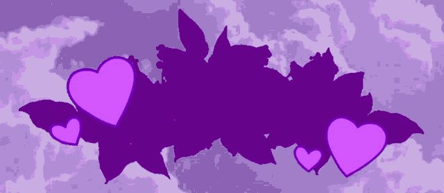purple hearts and leaves are against a purple sky