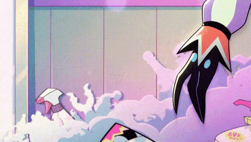 a cartoon character is standing in a bathtub with a spray bottle and a toothbrush .