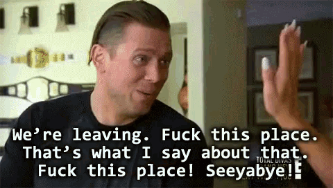 a man and woman are giving each other a high five while talking about leaving a place