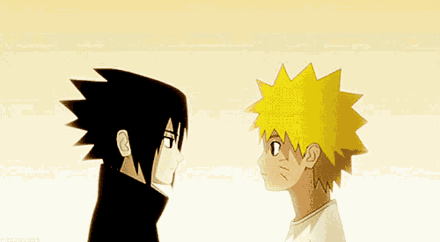 sasuke and naruto are looking at each other in a cartoon .
