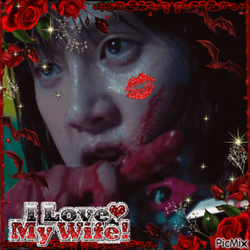 a picture of a woman with blood on her face with the words i love my wife