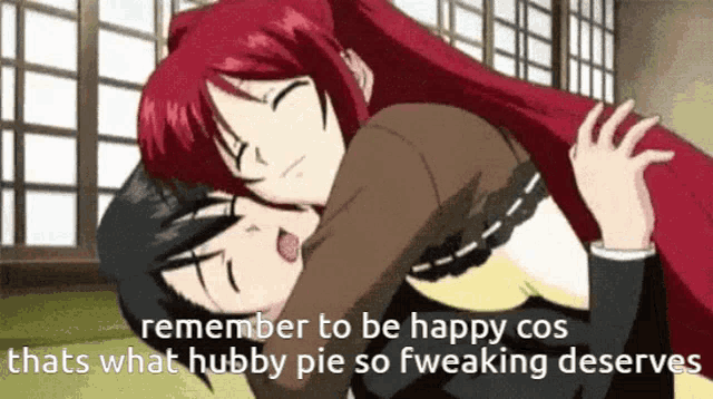 a girl with red hair is hugging a boy with black hair
