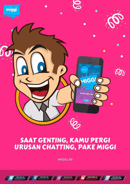 a cartoon of a man holding a phone that says miggi