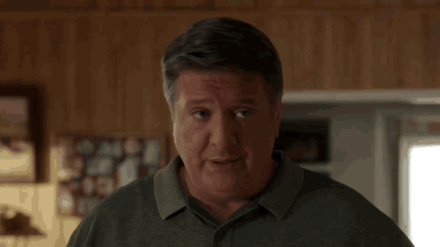 a man in a green shirt is looking at something