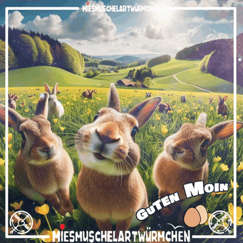 a bunch of rabbits standing in a field with the words guten moin