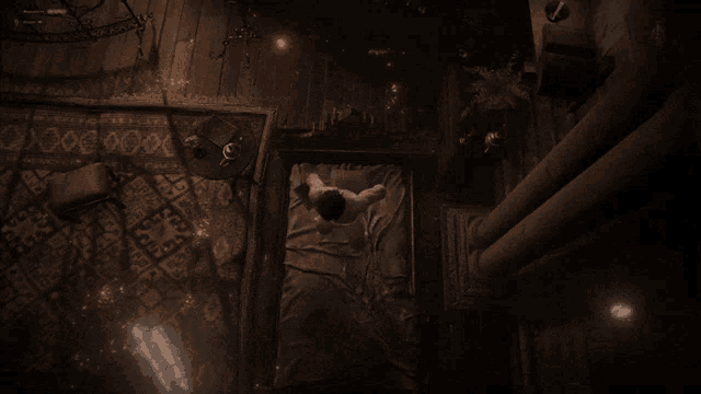 a naked man is laying on a bed in a dark room with the word home on the bottom