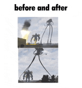 a before and after picture of a robot standing on top of a pipe .