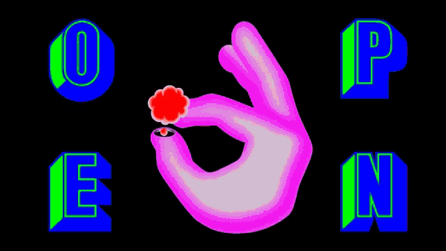a pink hand holding a red flower with the letters o p e and n in the background