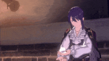 a purple haired anime character is standing in front of a brick wall .