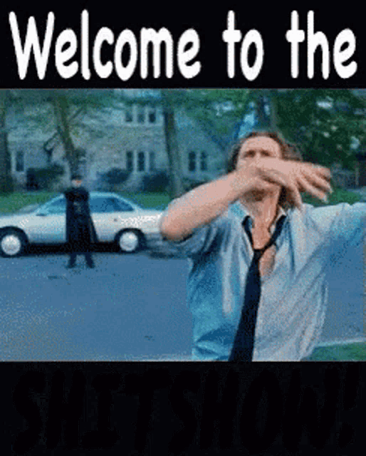 a man in a blue shirt and tie is dancing in front of a white car with the words welcome to the in white letters