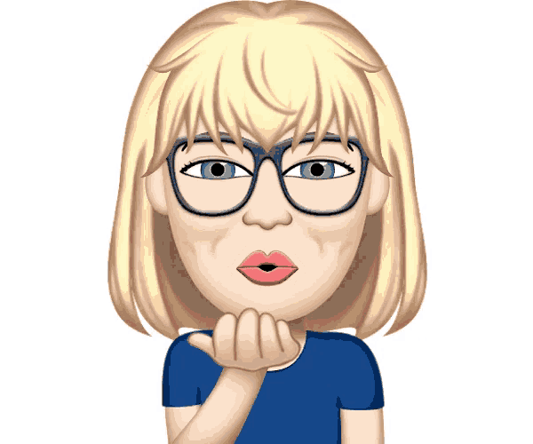 a cartoon woman wearing glasses and a blue shirt is smiling