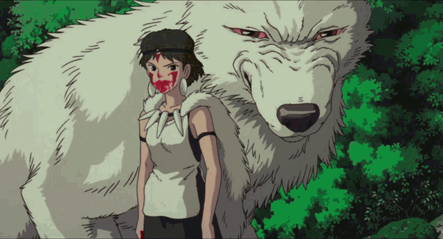 a woman with blood on her face is standing next to a white bear