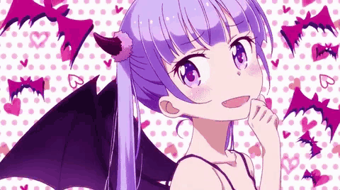 a purple haired anime girl with bat wings and horns