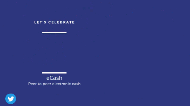 a blue background with confetti and the words happy first anniversary ecash