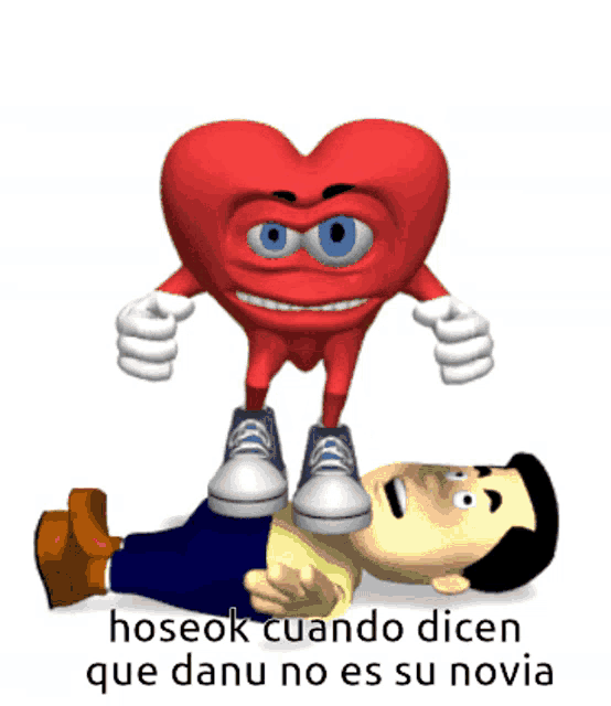 a cartoon of a red heart standing over a man laying on the ground