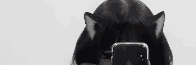 a girl with cat ears is taking a picture of herself in a mirror .