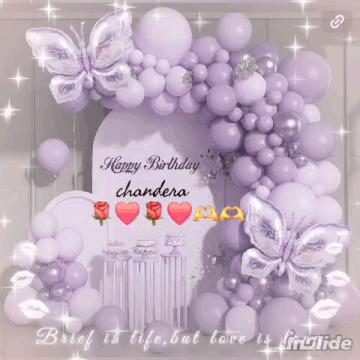 purple balloons and butterflies with the words happy birthday chandra