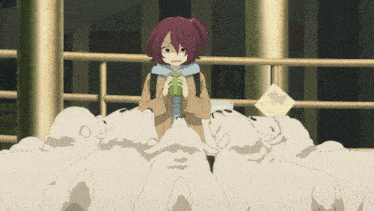 a girl with purple hair stands in front of a bunch of polar bears holding a green bottle