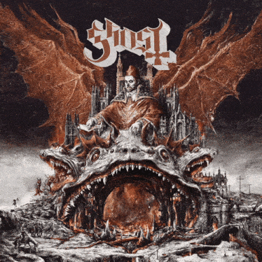 a poster for a band called ghost shows a skeleton priest and a monster