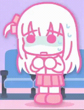 a cartoon girl is sitting in a waiting room with a purple background .