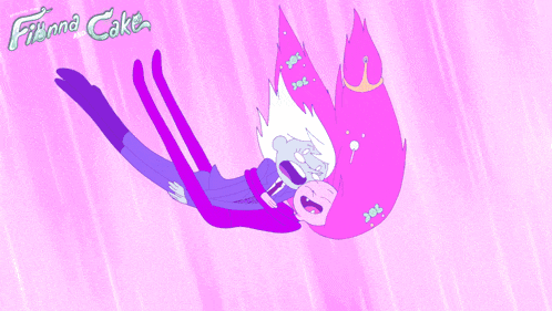 a cartoon character with a crown on her head is flying through the air with the words fitnnd cake written below her