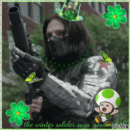 a picture of a man holding a gun with the words " the winter solider says goodbye " at the bottom