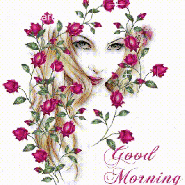 a picture of a woman with flowers in her hair and the words " good morning "