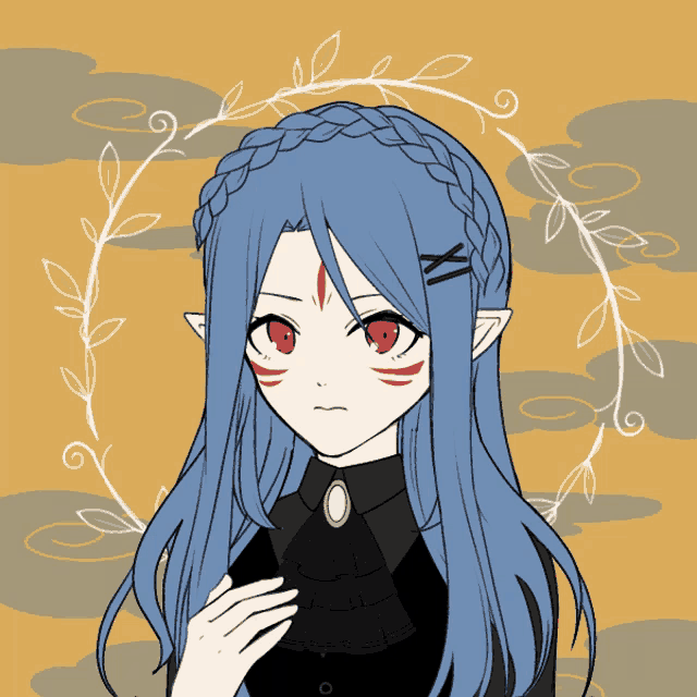 a drawing of a girl with blue hair and red eyes surrounded by leaves