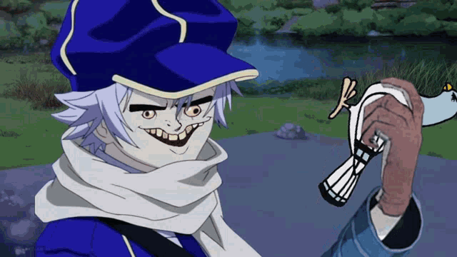a cartoon character with a scarf around his neck is holding a bird