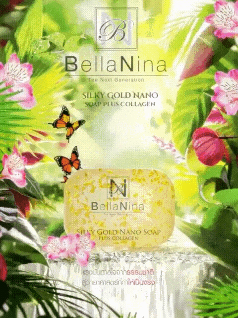 bellanina silky gold nano soap plus collagen surrounded by flowers and butterflies