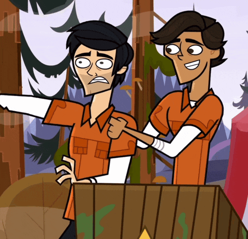 two cartoon characters are standing next to each other and one of them is pointing